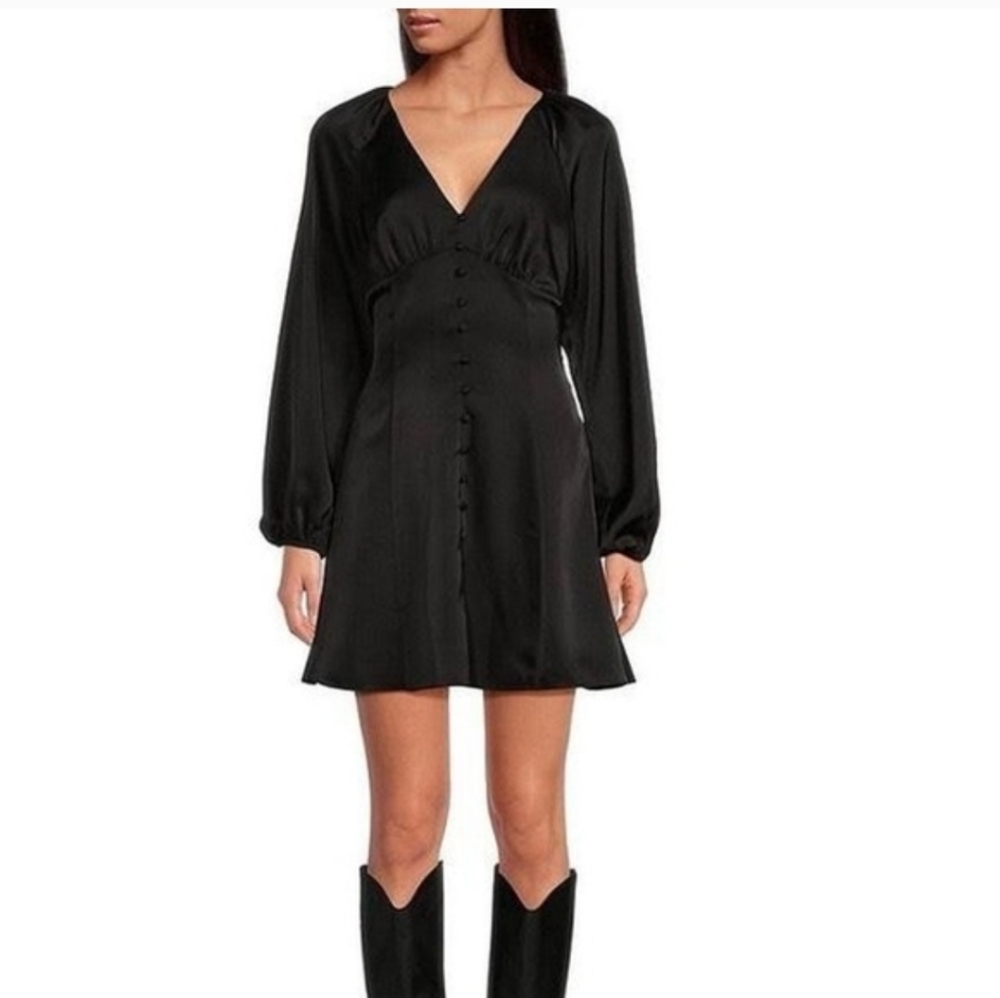 Chelsea & Violet Black V-Neck Long Sleeve Satin Mini Dress